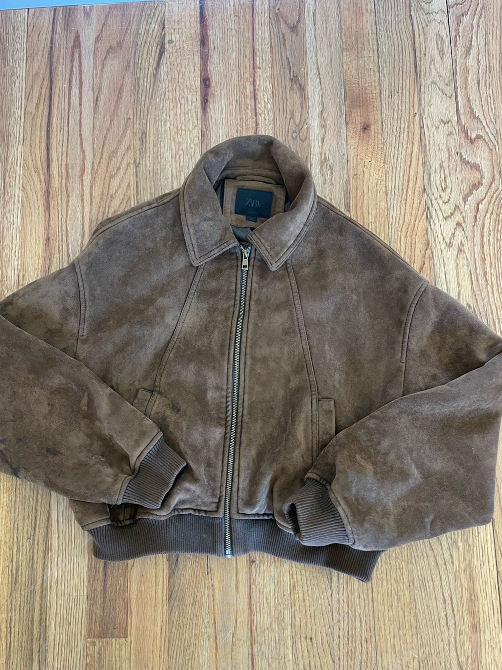 ZARA Brown Suede Bomber Jacket with Ribbed Hem